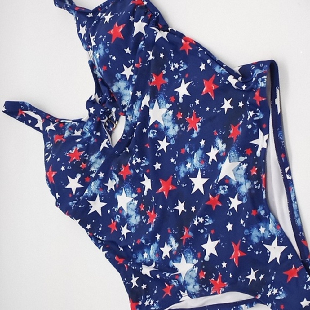 California Waves Plus Splatter-Star Cutout One-Piece Swimsuit Red White Blue 2X